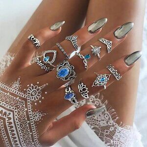 13 PC Silver Boho Elephant Turtle Lotus Bohemian Theme Ring SET NEW